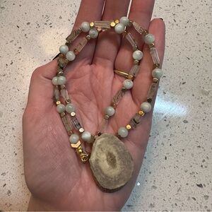 Elegant Green Moonstone and Gold Hematite Beaded Necklace with Antler Pendant